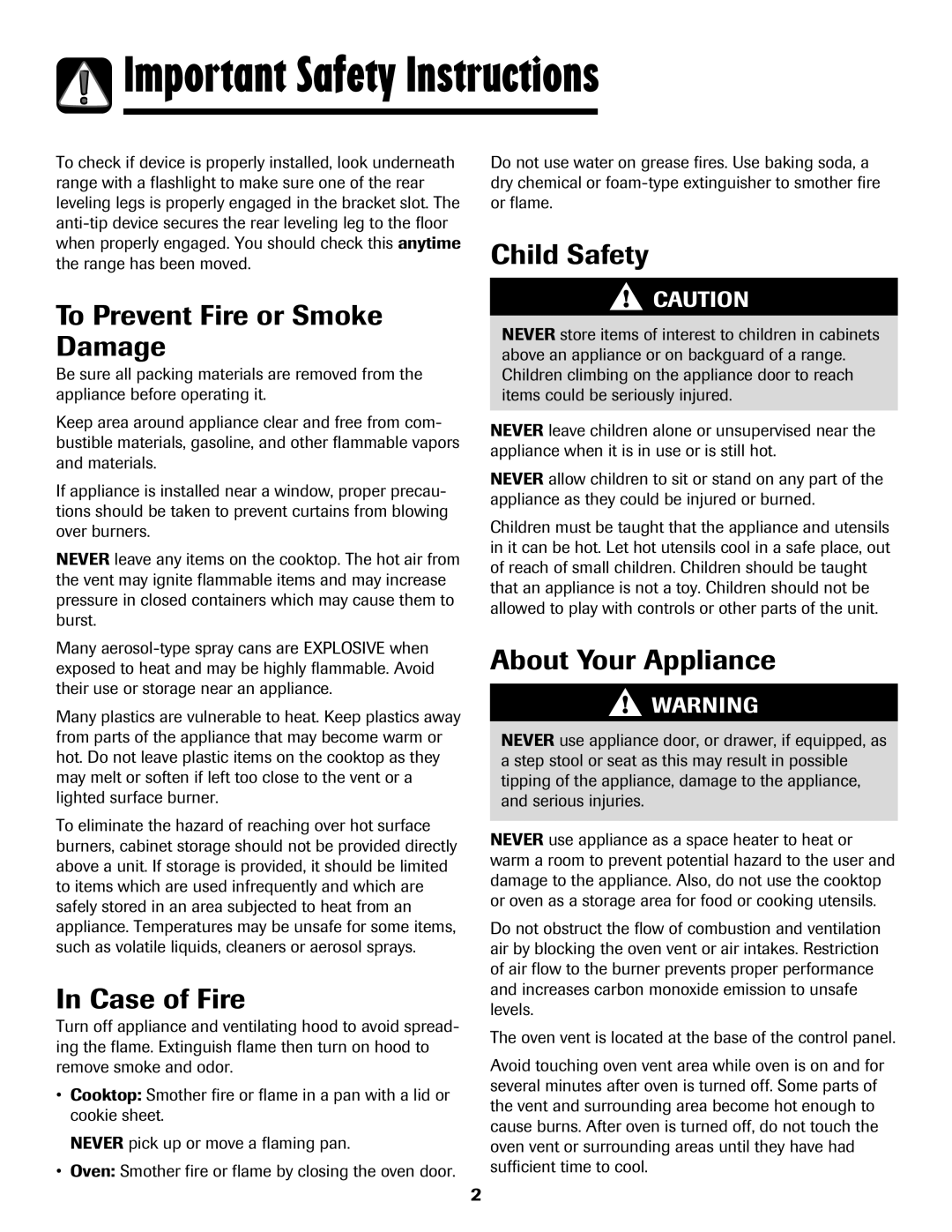 Maytag 8113P424-60 manual Important Safety Instructions, To Prevent Fire or Smoke Damage, In Case of Fire, Child Safety 