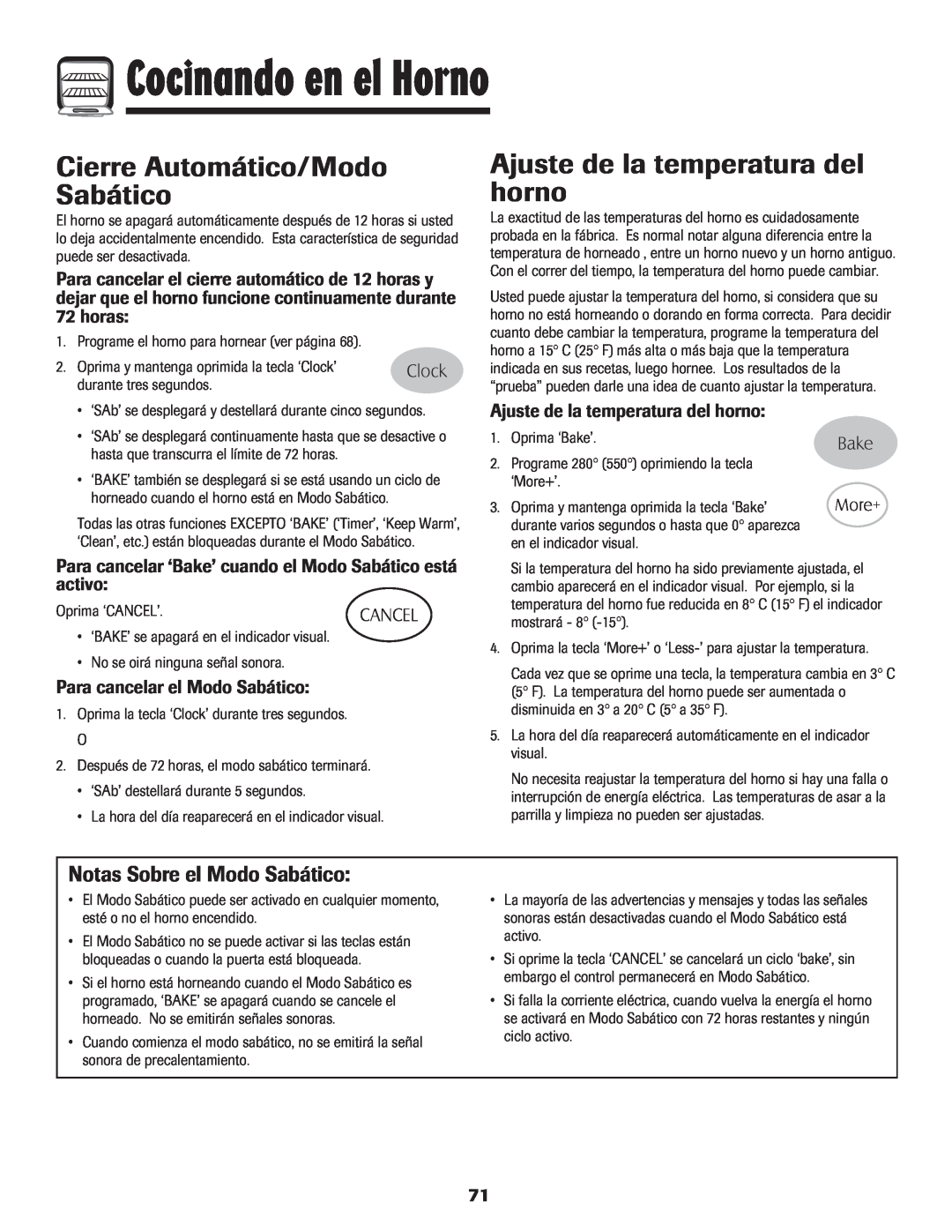Maytag 8113P424-60 manual Cierre Automático/Modo Sabático, Ajuste de la temperatura del horno, Notas Sobre el Modo Sabático 