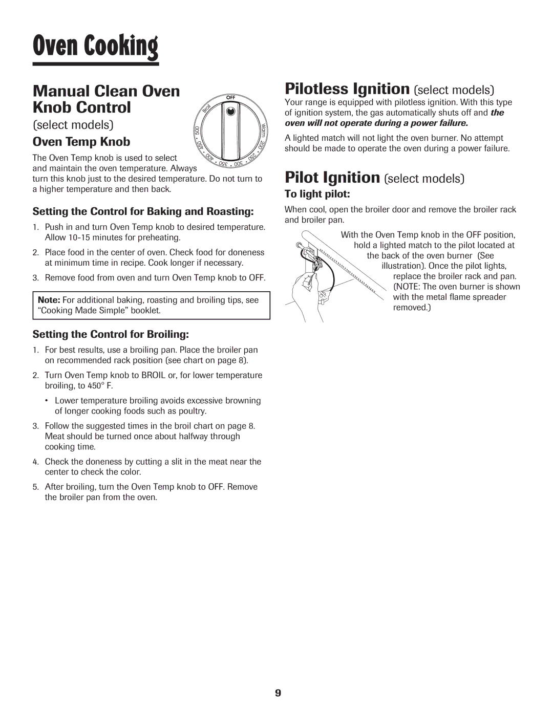 Maytag 8113P448-60 Manual Clean Oven Knob Control, Select models Oven Temp Knob, Setting the Control for Broiling 