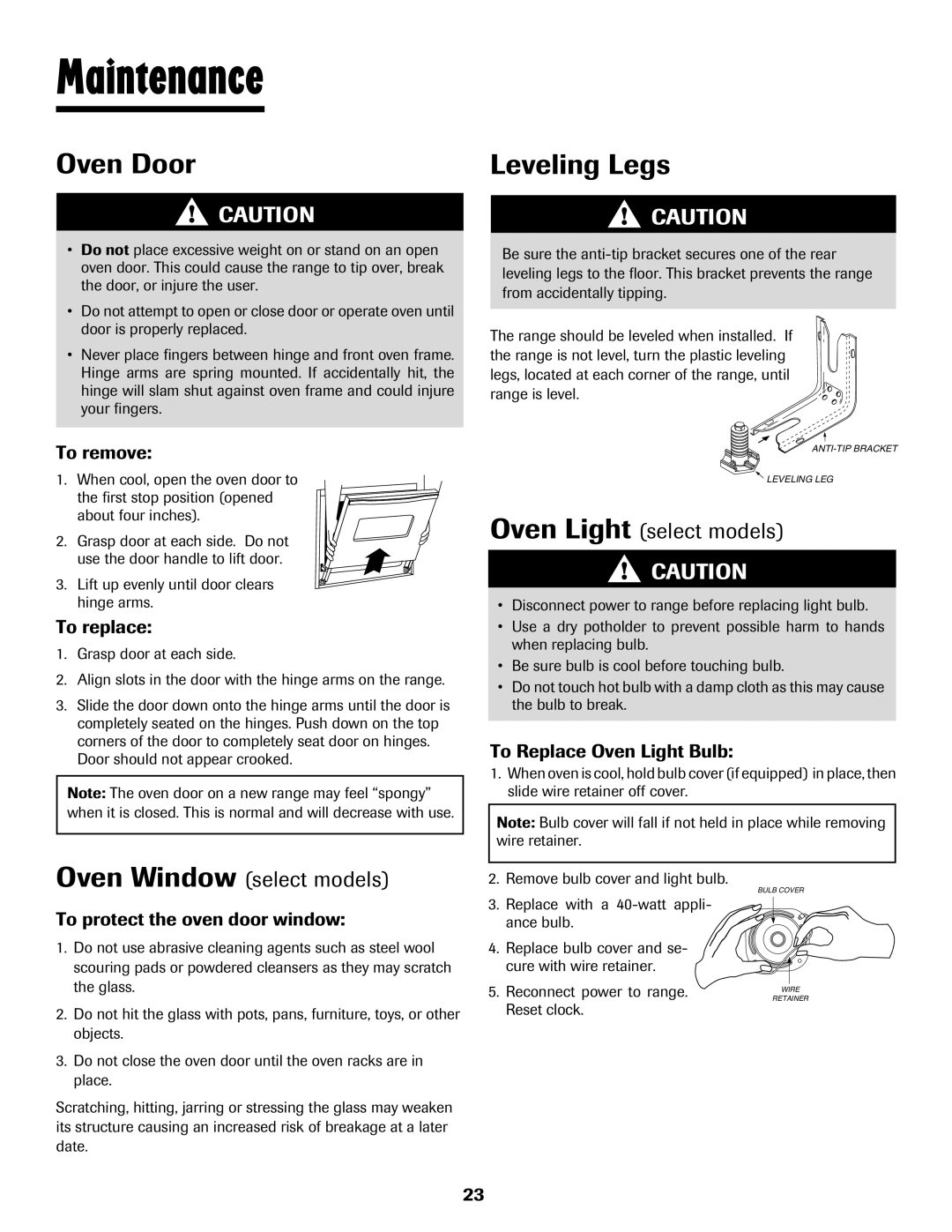 Maytag 8113P448-60 important safety instructions Maintenance, Oven Door, Leveling Legs, Oven Window select models 