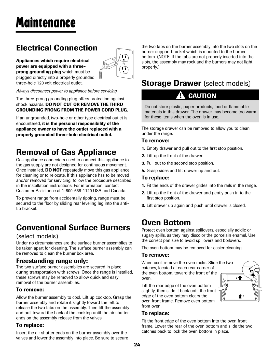 Maytag 8113P448-60 Electrical Connection, Removal of Gas Appliance, Storage Drawer select models 