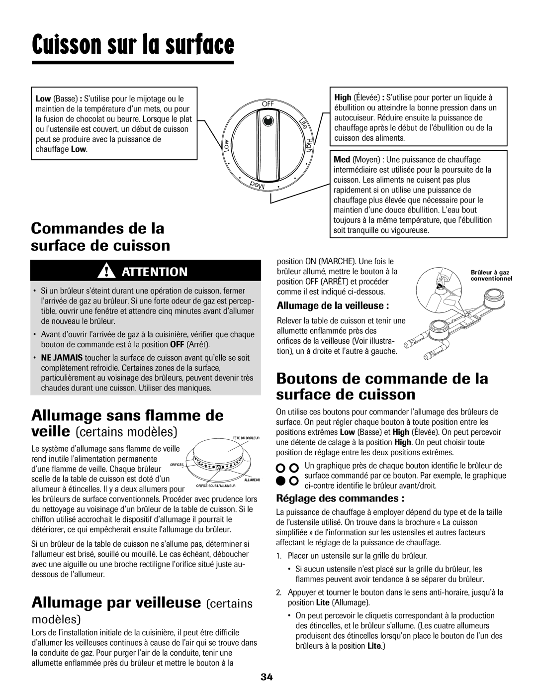 Maytag 8113P448-60 Cuisson sur la surface, Commandes de la surface de cuisson, Allumage par veilleuse certains, Modèles 