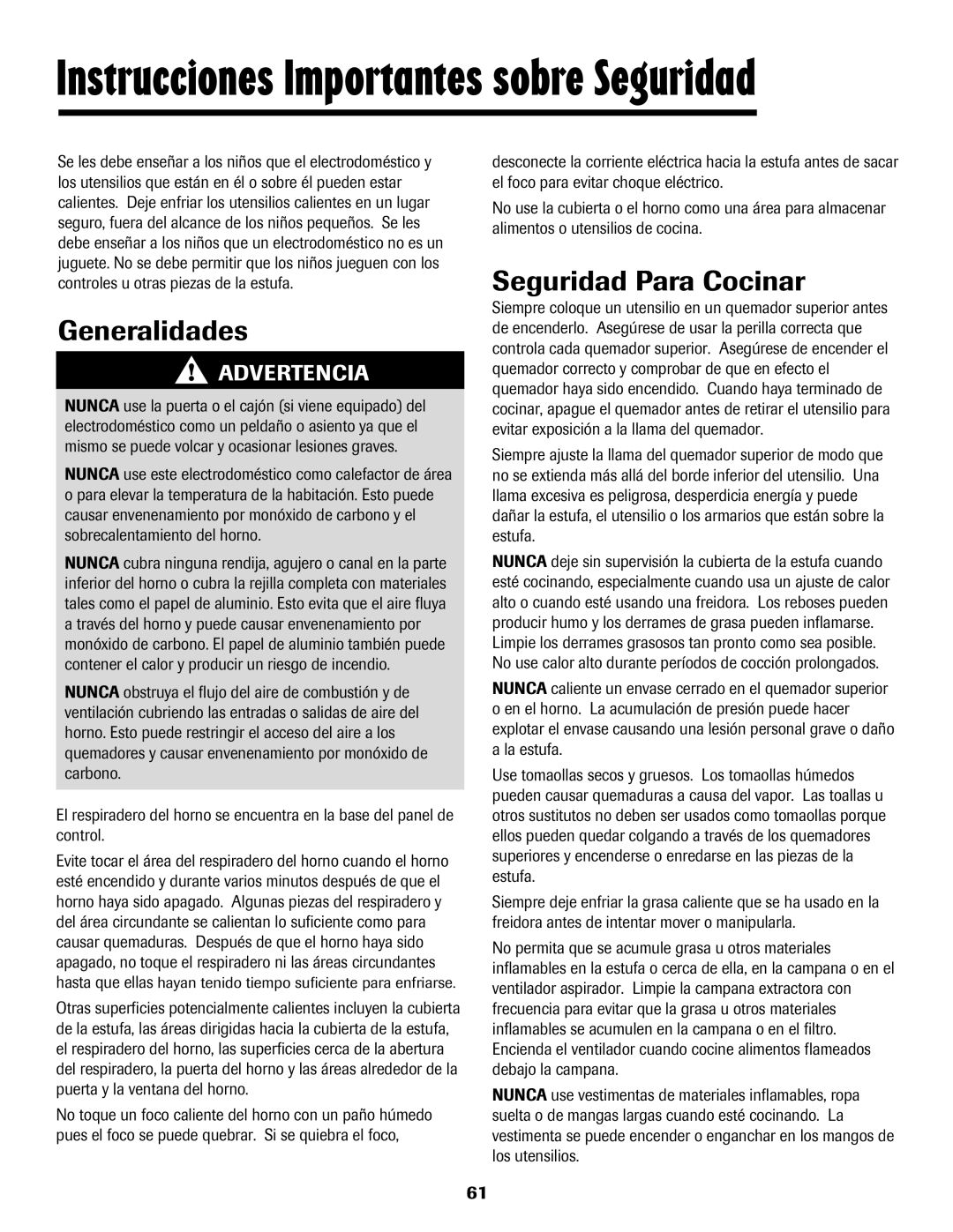 Maytag 8113P448-60 important safety instructions Generalidades, Seguridad Para Cocinar 