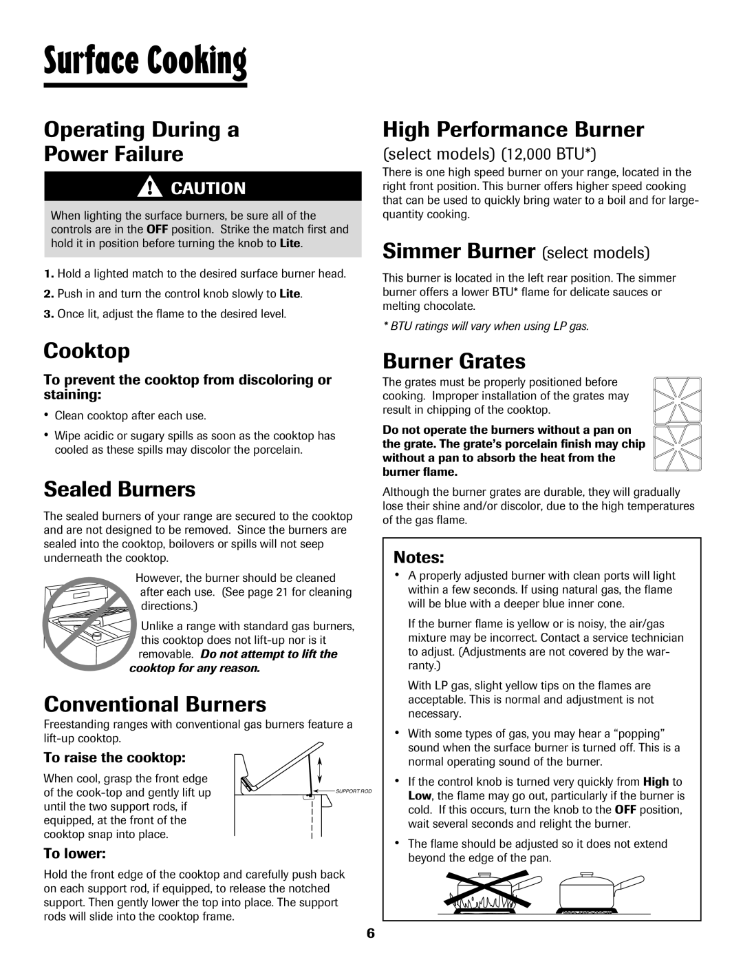 Maytag 8113P448-60 Operating During a Power Failure, High Performance Burner, Cooktop, Sealed Burners, Burner Grates 