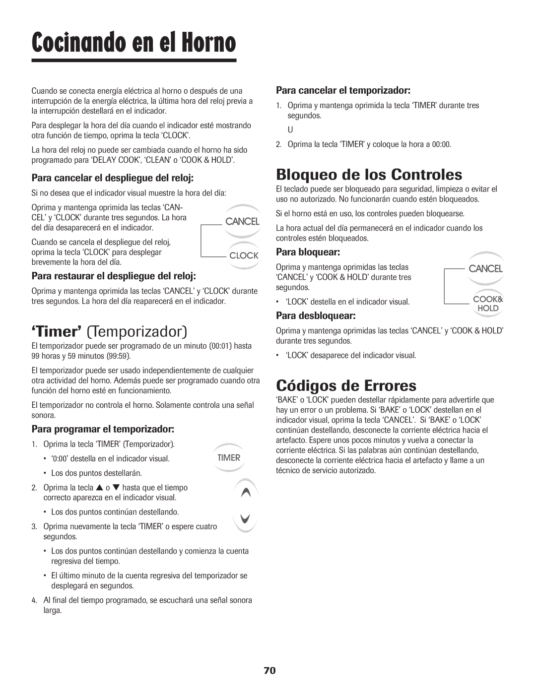 Maytag 8113P448-60 important safety instructions ‘Timer’ Temporizador, Bloqueo de los Controles, Códigos de Errores 