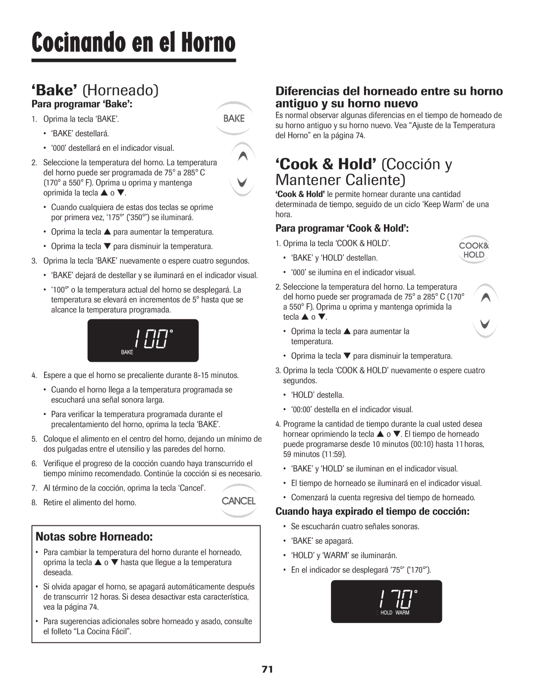 Maytag 8113P448-60 ‘Bake’ Horneado, ‘Cook & Hold’ Cocción y Mantener Caliente, Notas sobre Horneado 