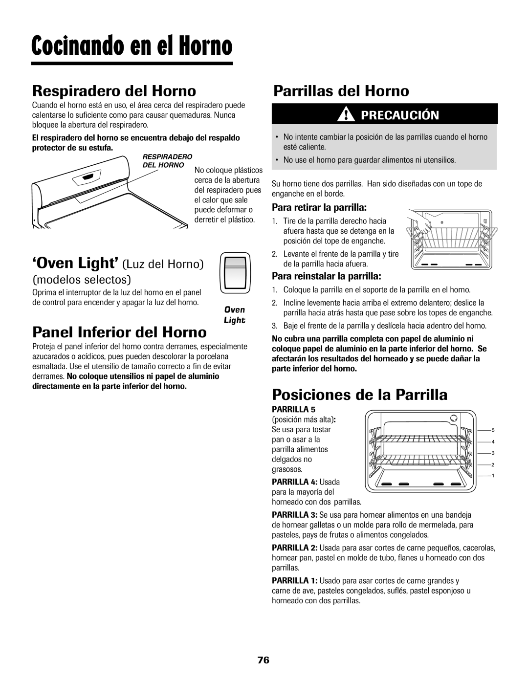 Maytag 8113P448-60 Respiradero del Horno, Panel Inferior del Horno, Parrillas del Horno, Posiciones de la Parrilla 