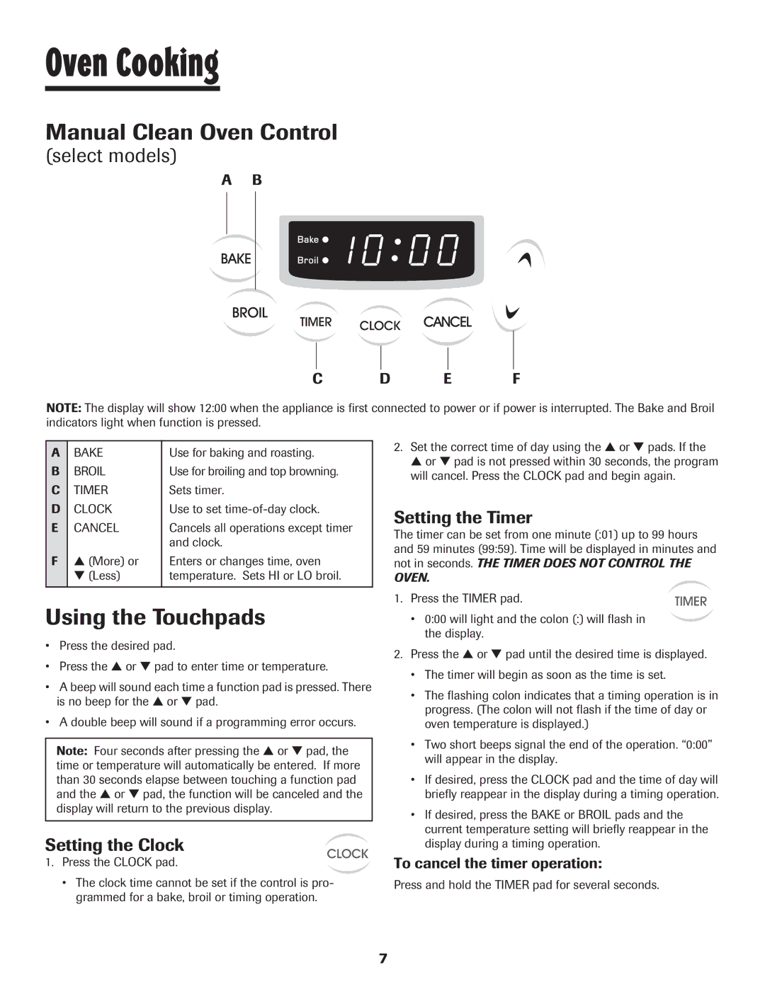 Maytag 8113P448-60 Oven Cooking, Manual Clean Oven Control, Using the Touchpads, Setting the Timer, Setting the Clock 