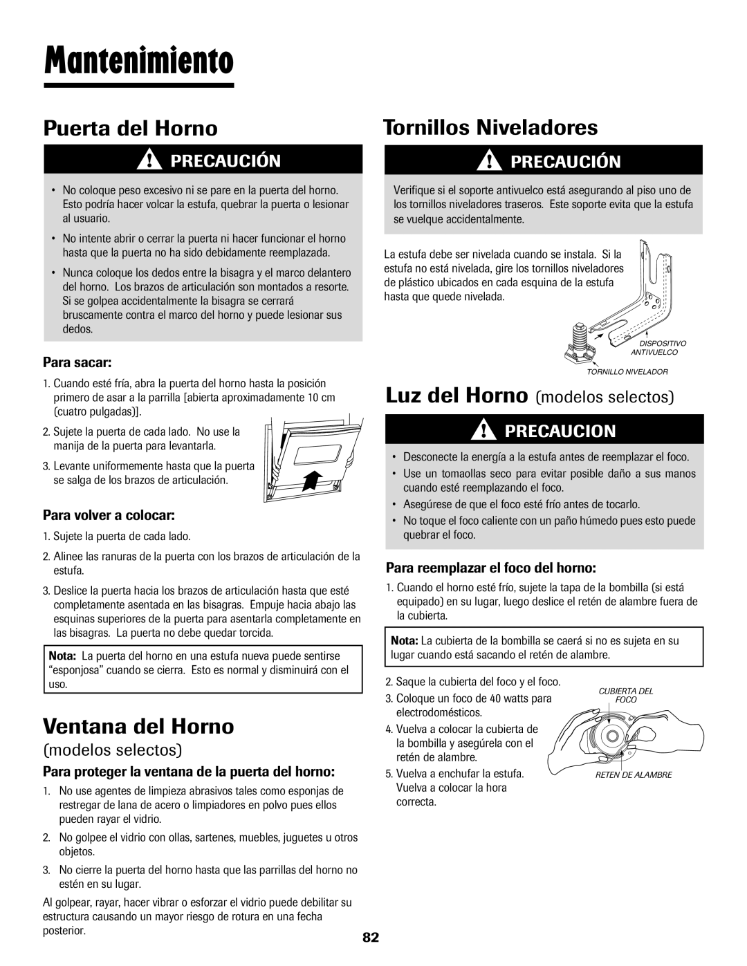 Maytag 8113P448-60 important safety instructions Mantenimiento, Puerta del Horno, Ventana del Horno, Tornillos Niveladores 