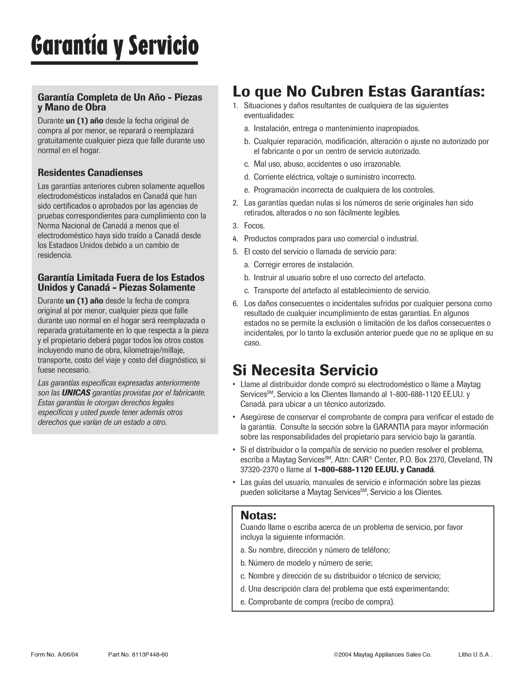 Maytag 8113P448-60 Lo que No Cubren Estas Garantías, Si Necesita Servicio, Residentes Canadienses 