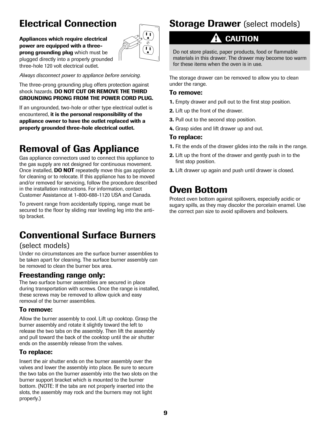 Maytag 8113P560-60 Electrical Connection, Removal of Gas Appliance, Conventional Surface Burners, Oven Bottom 