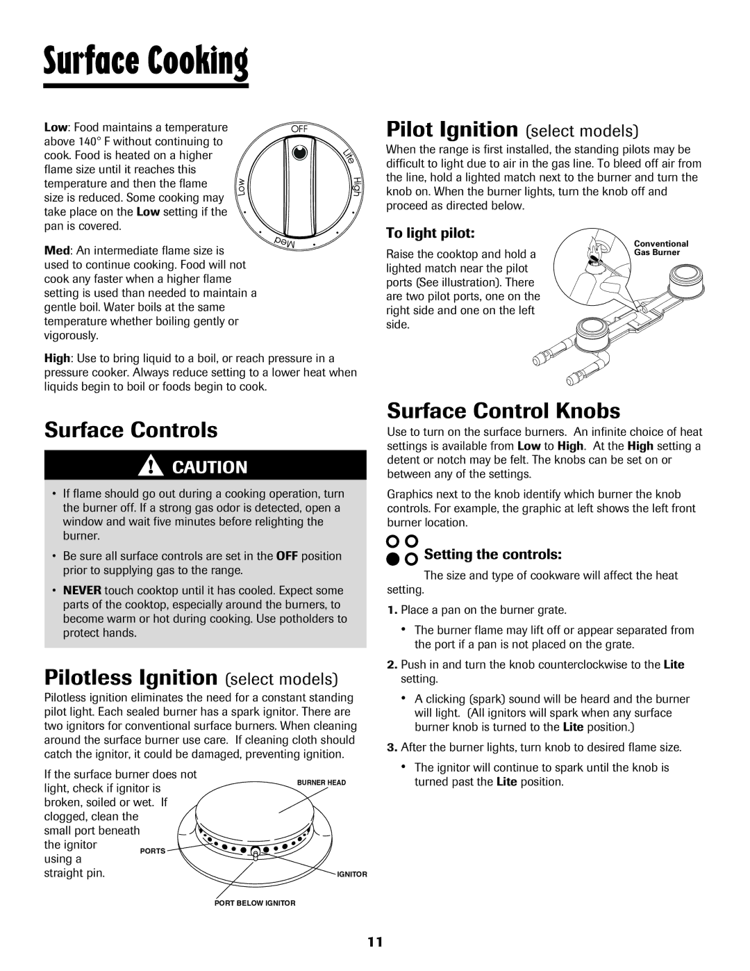 Maytag 8113P560-60 Surface Cooking, Pilot Ignition select models, Surface Controls, Pilotless Ignition select models 