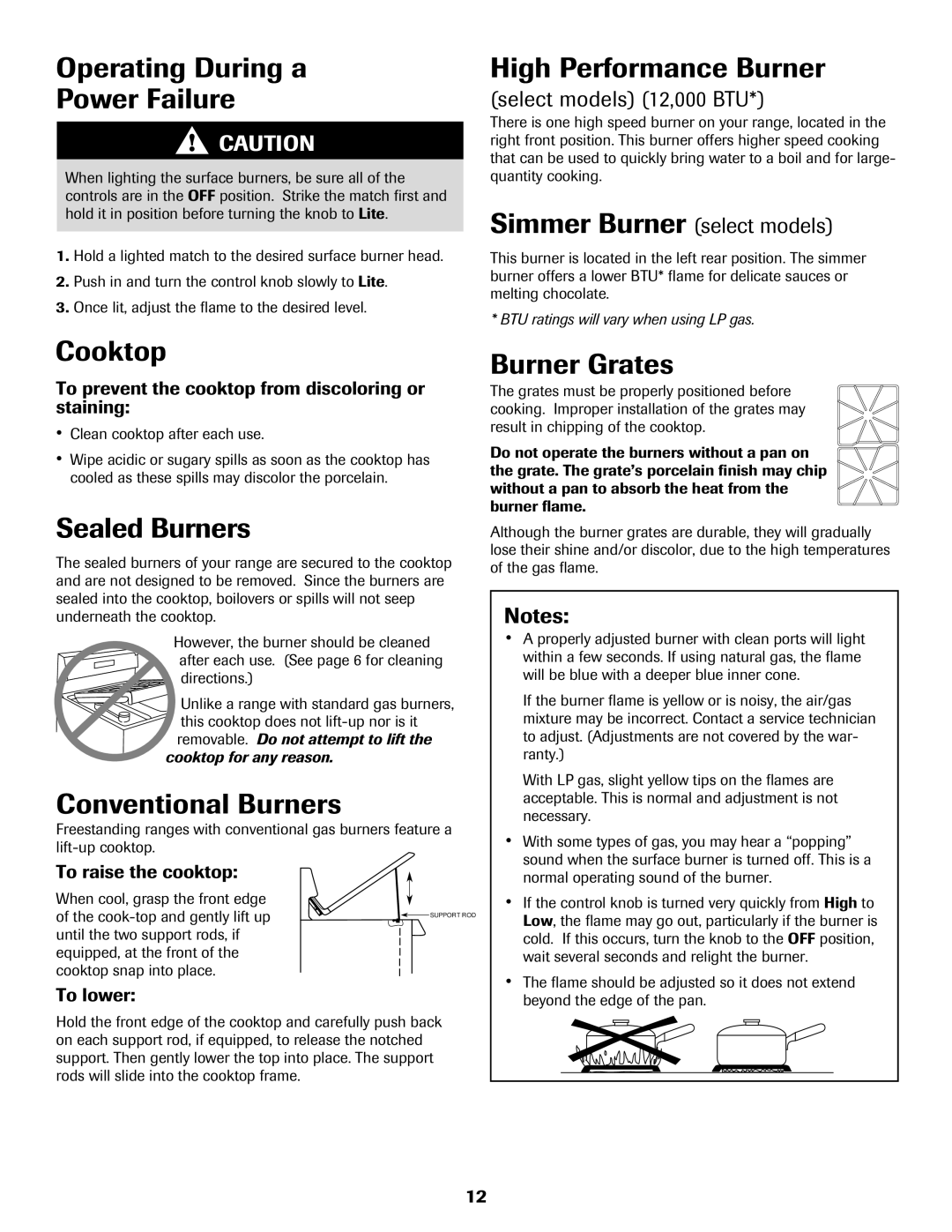 Maytag 8113P560-60 Operating During a Power Failure, High Performance Burner, Cooktop, Sealed Burners, Burner Grates 