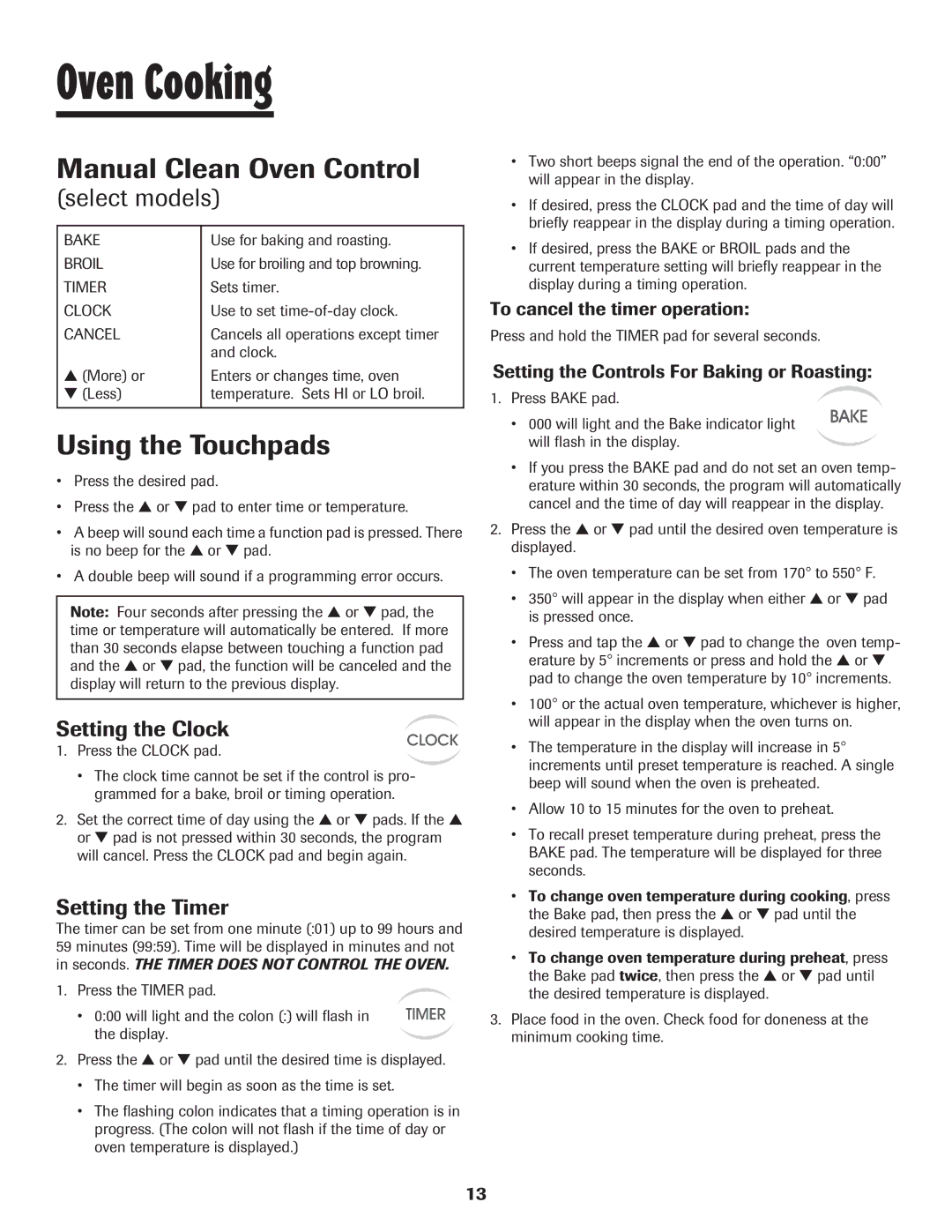 Maytag 8113P560-60 Oven Cooking, Manual Clean Oven Control, Using the Touchpads, Setting the Clock, Setting the Timer 