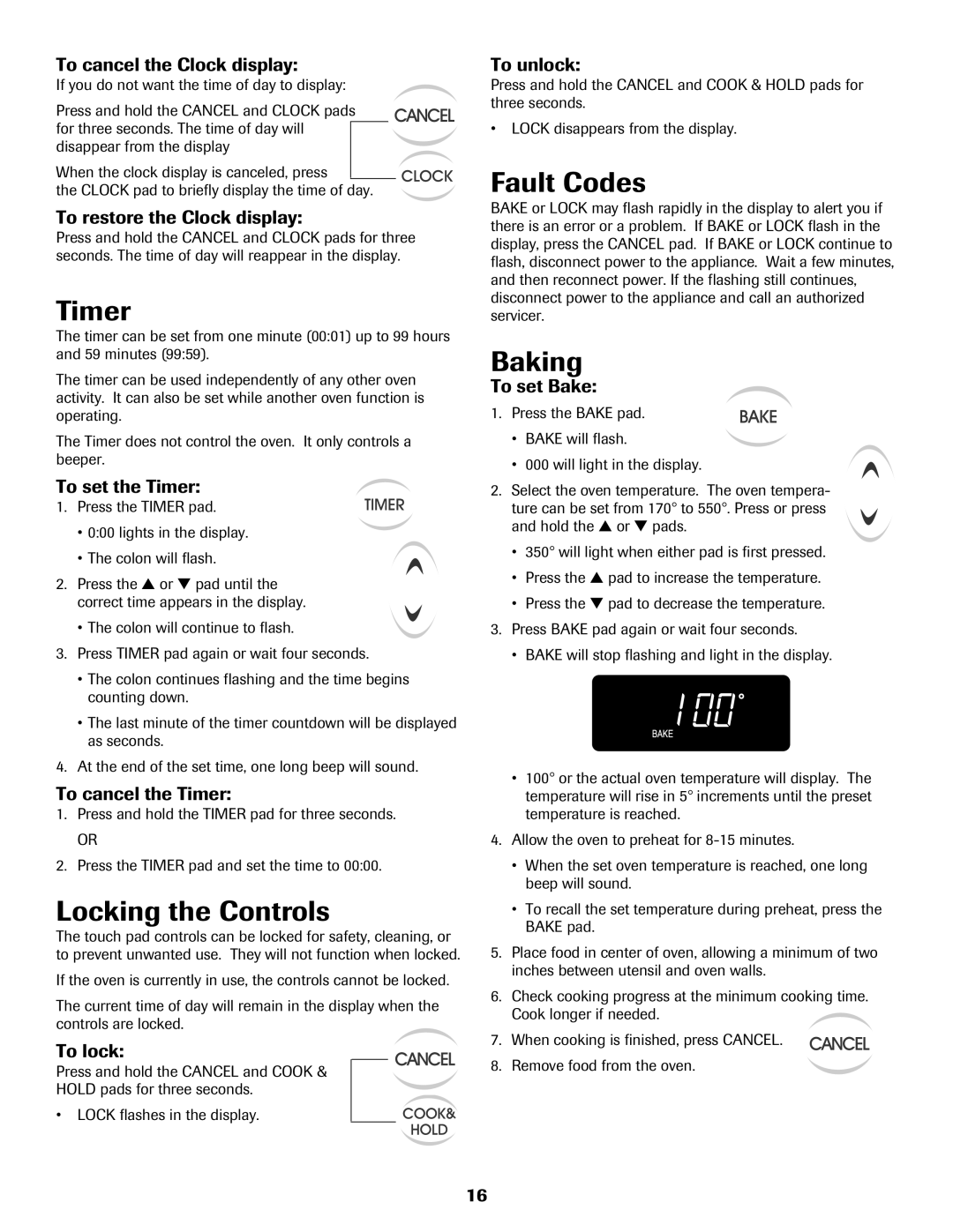 Maytag 8113P560-60 important safety instructions Timer, Locking the Controls, Fault Codes, Baking 