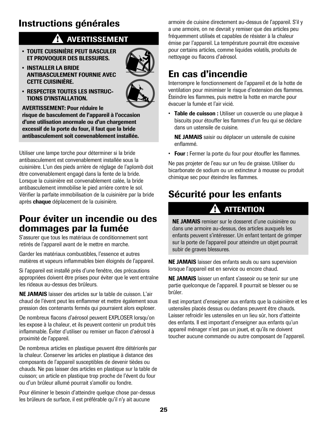 Maytag 8113P560-60 Instructions générales, Pour éviter un incendie ou des dommages par la fumée, En cas d’incendie 