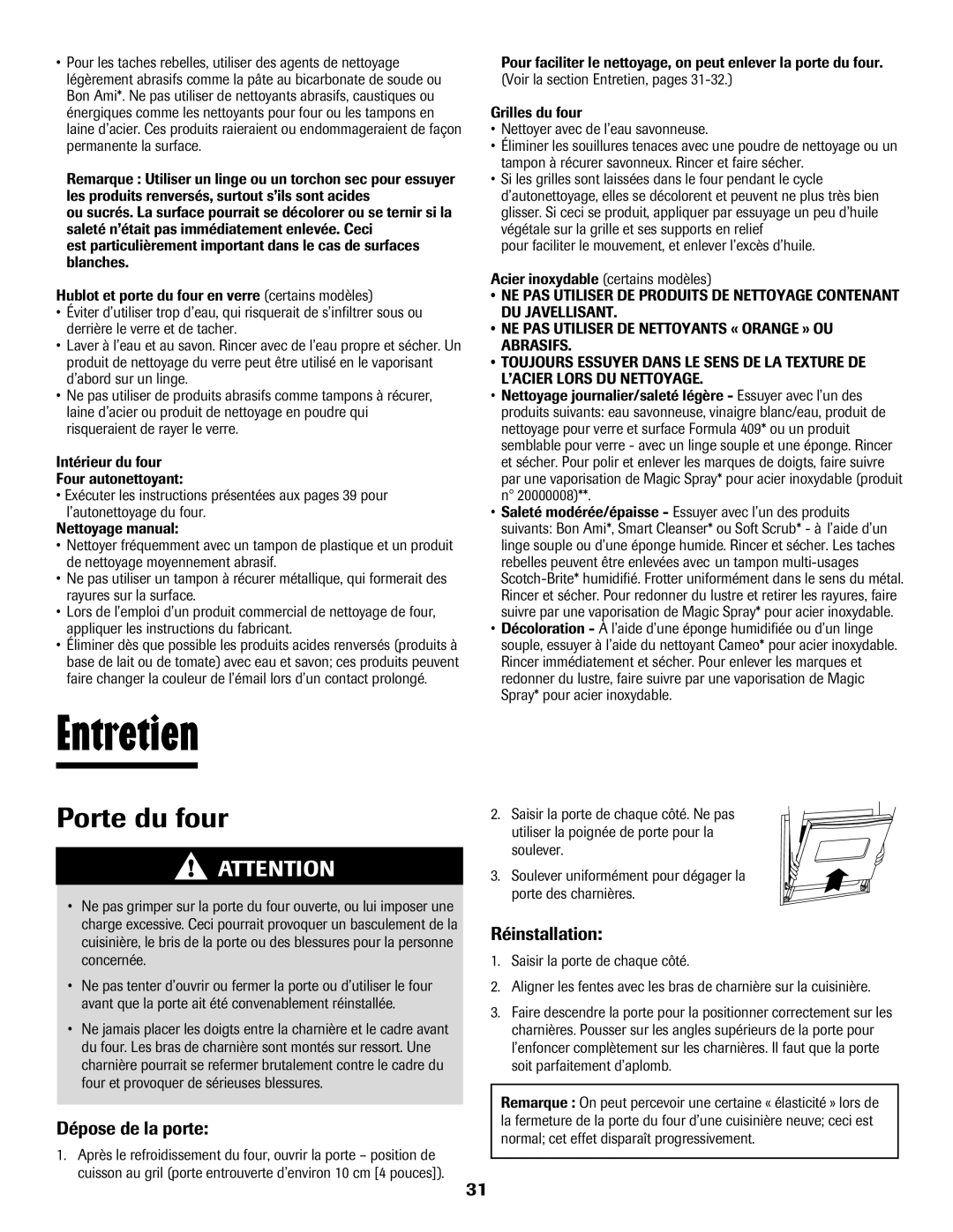 Maytag 8113P560-60 important safety instructions Entretien, Porte du four, Dépose de la porte, Réinstallation 