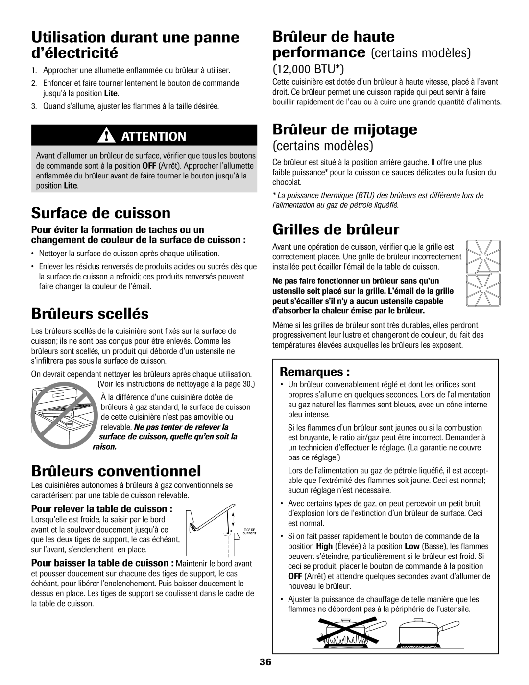 Maytag 8113P560-60 Utilisation durant une panne d’électricité, Surface de cuisson, Brûleurs scellés, Brûleur de mijotage 