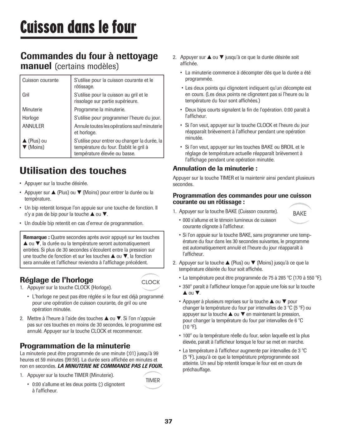 Maytag 8113P560-60 Utilisation des touches, Réglage de l’horloge, Programmation de la minuterie 