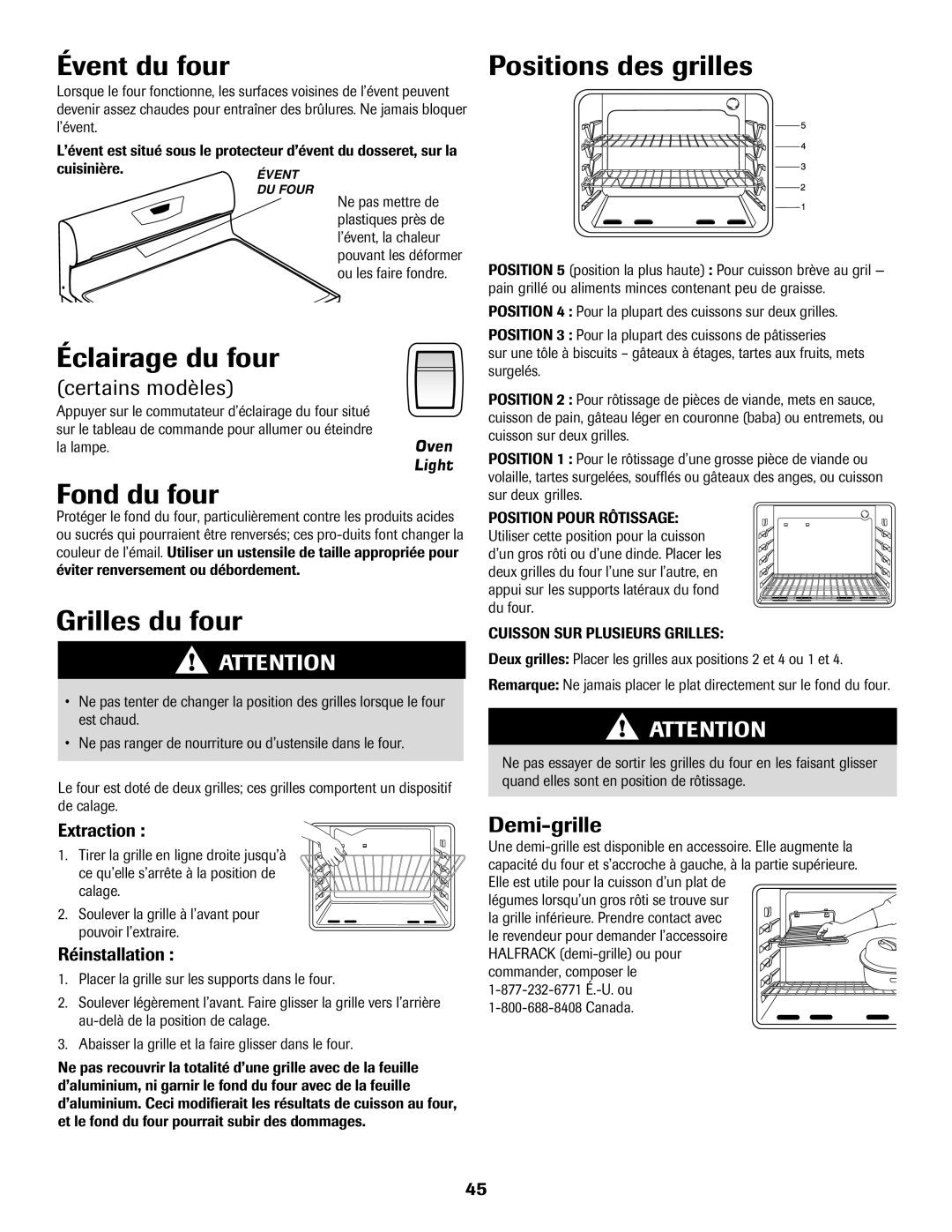 Maytag 8113P560-60 Évent du four, Éclairage du four, Fond du four, Grilles du four, Positions des grilles 