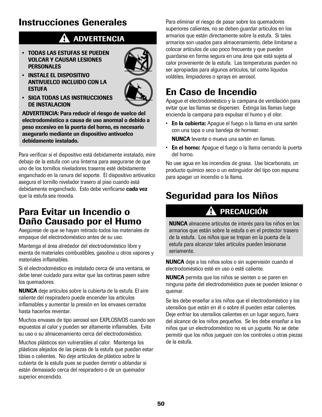 Maytag 8113P560-60 Instrucciones Generales, Para Evitar un Incendio o Daño Causado por el Humo, En Caso de Incendio 