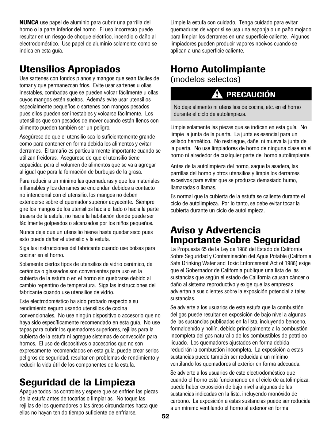 Maytag 8113P560-60 important safety instructions Utensilios Apropiados Horno Autolimpiante, Seguridad de la Limpieza 