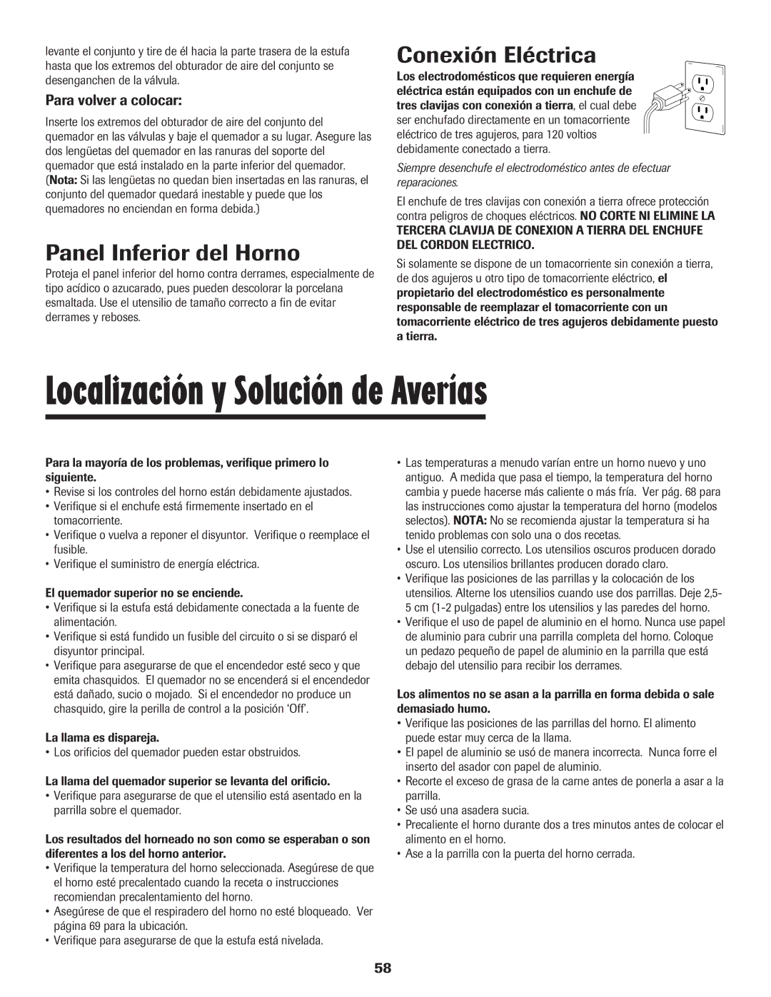 Maytag 8113P560-60 Localización y Solución de Averías, Panel Inferior del Horno, Conexión Eléctrica 