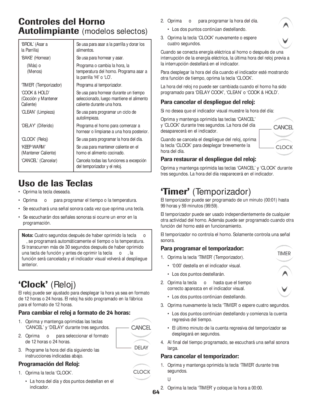 Maytag 8113P560-60 important safety instructions ‘Clock’ Reloj, ‘Timer’ Temporizador 