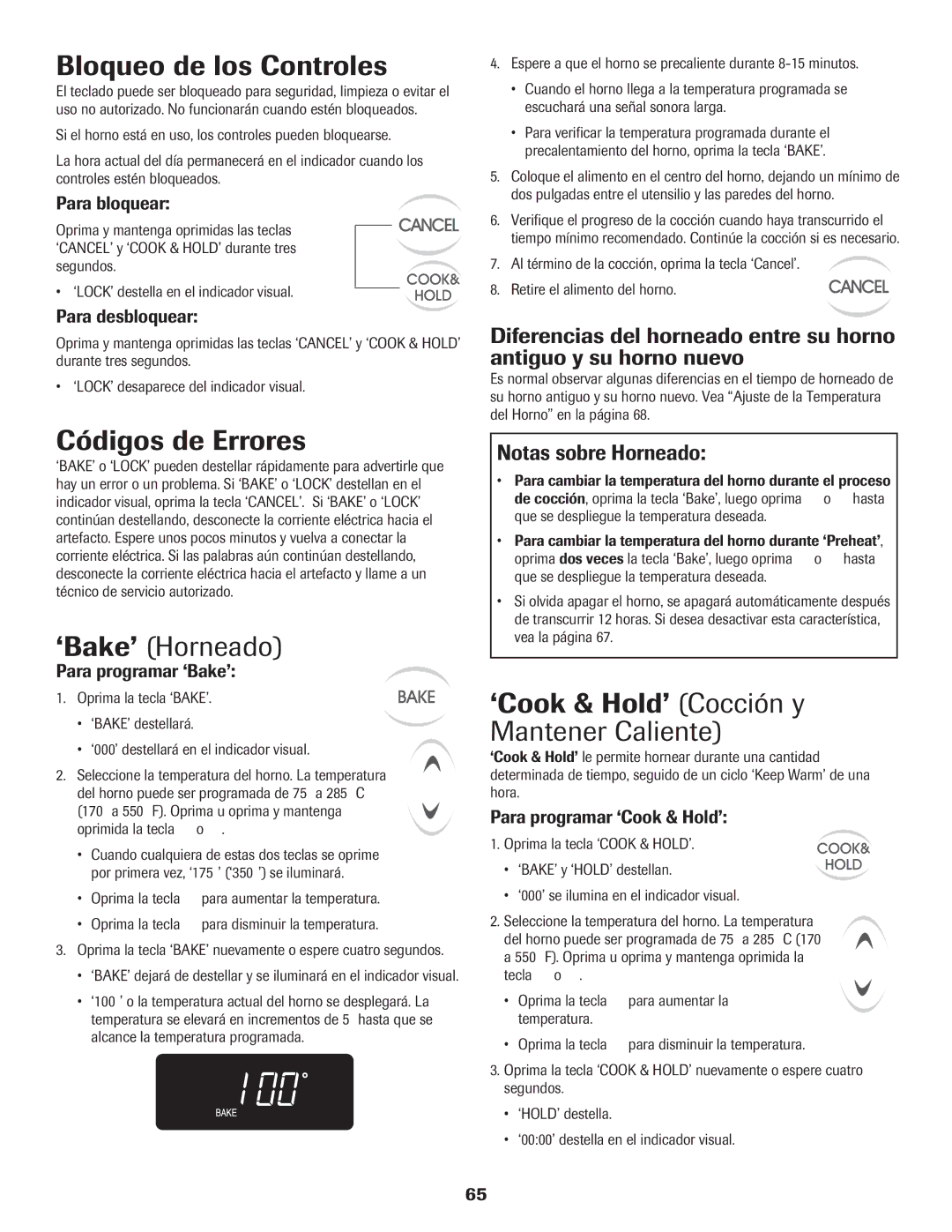 Maytag 8113P560-60 Bloqueo de los Controles, Códigos de Errores, ‘Bake’ Horneado, Notas sobre Horneado 