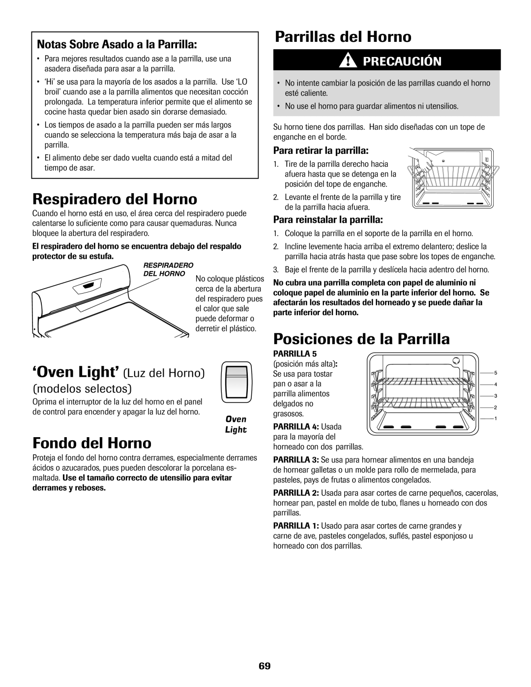 Maytag 8113P560-60 Respiradero del Horno, Fondo del Horno, Parrillas del Horno, Posiciones de la Parrilla 