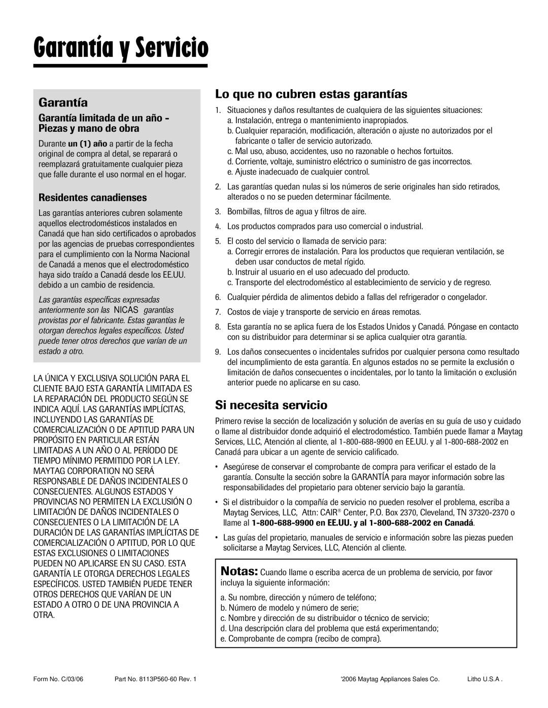 Maytag 8113P560-60 Garantía y Servicio, Lo que no cubren estas garantías, Si necesita servicio 