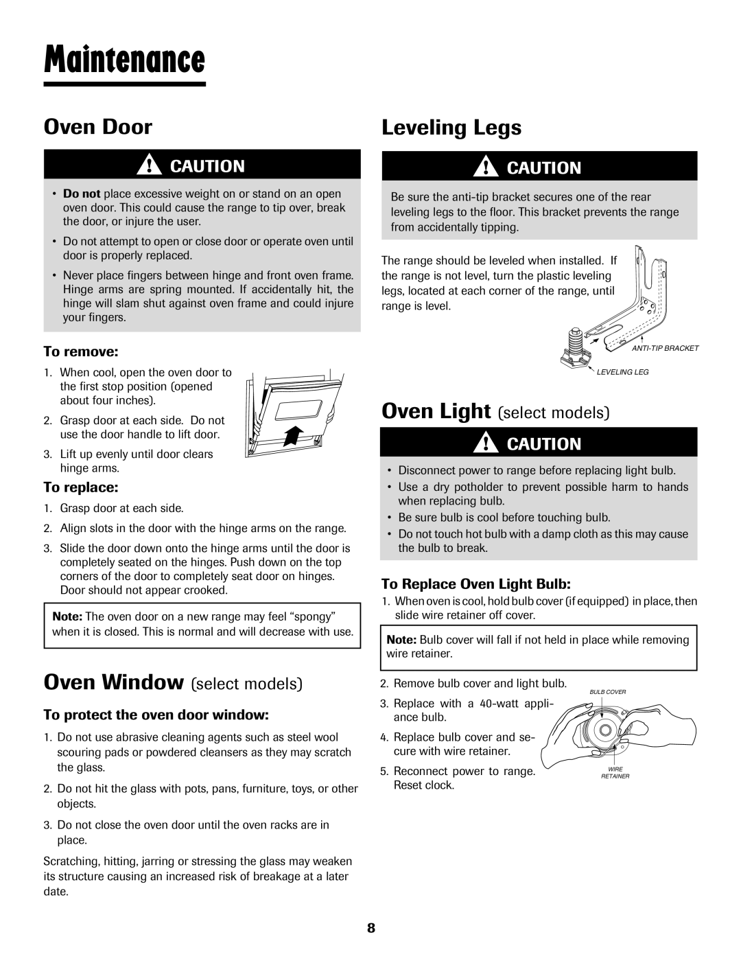Maytag 8113P560-60 Maintenance, Oven Door, Leveling Legs, Oven Window select models, Oven Light select models 
