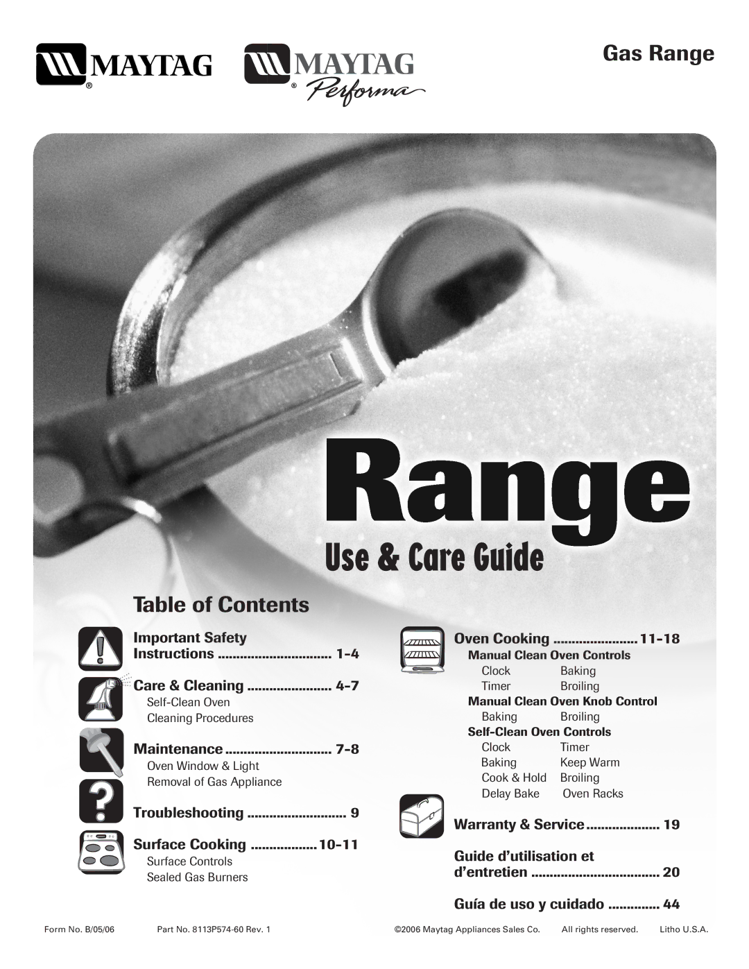 Maytag 8113P574-60 important safety instructions Use & Care Guide, Gas Range, Table of Contents 