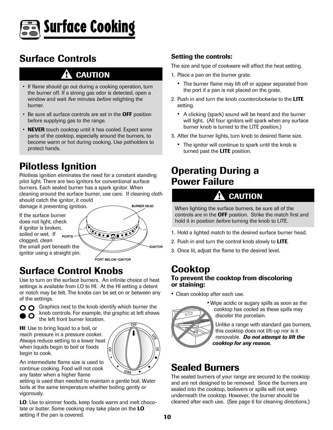 Maytag 8113P574-60 Surface Controls, Pilotless Ignition, Operating During a Power Failure, Surface Control Knobs, Cooktop 