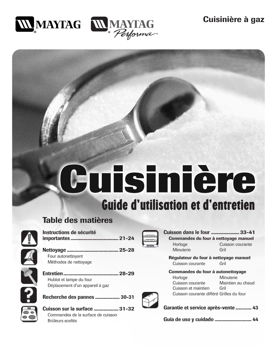 Maytag 8113P574-60 important safety instructions Cuisinière à gaz, Table des matières 