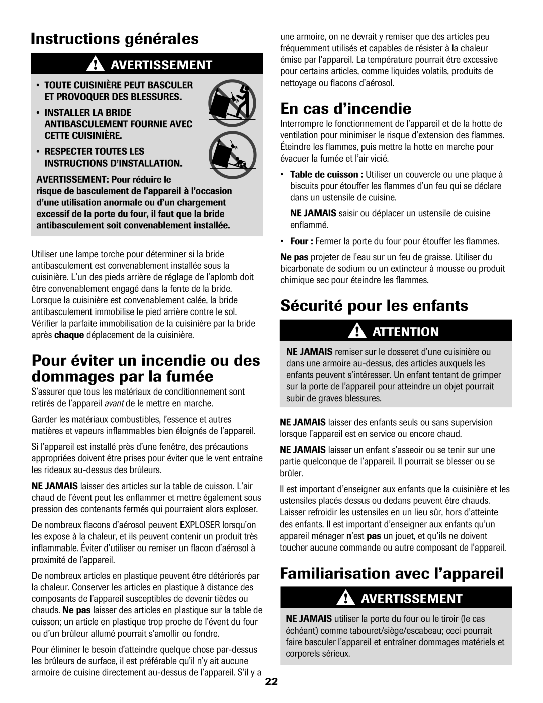 Maytag 8113P574-60 Instructions générales, Pour éviter un incendie ou des dommages par la fumée, En cas d’incendie 