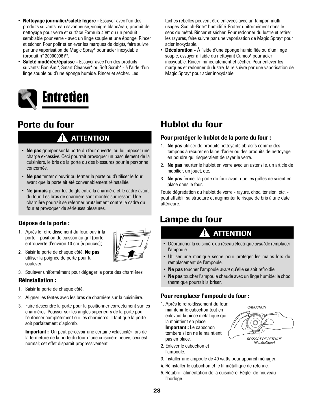 Maytag 8113P574-60 important safety instructions Entretien, Porte du four, Hublot du four, Lampe du four 