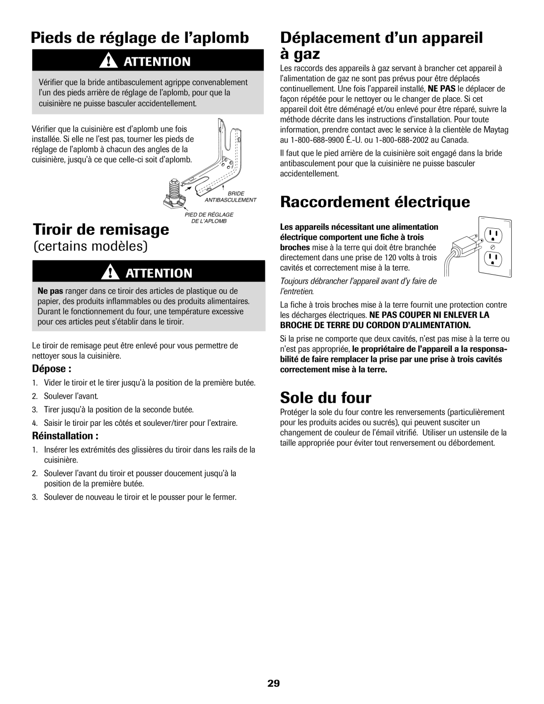 Maytag 8113P574-60 Pieds de réglage de l’aplomb, Tiroir de remisage, Déplacement d’un appareil à gaz, Sole du four 