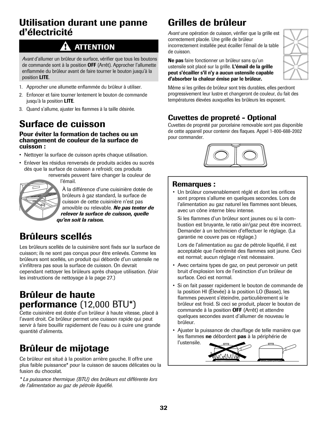 Maytag 8113P574-60 Utilisation durant une panne d’électricité, Surface de cuisson, Brûleurs scellés, Brûleur de mijotage 