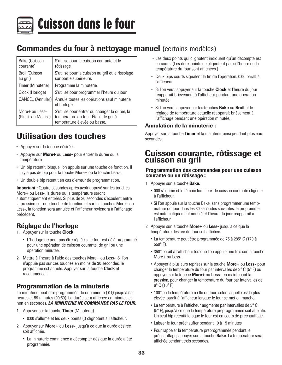 Maytag 8113P574-60 Cuisson dans le four, Commandes du four à nettoyage manuel certains modèles, Utilisation des touches 