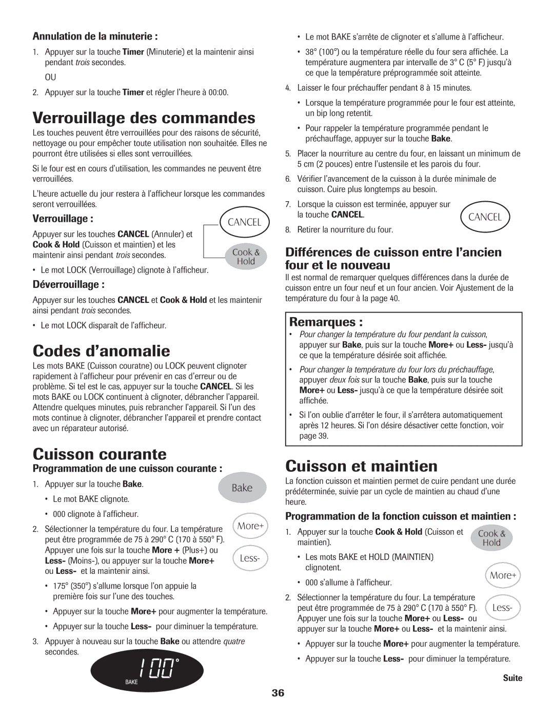 Maytag 8113P574-60 Verrouillage des commandes, Codes d’anomalie, Cuisson courante, Cuisson et maintien 