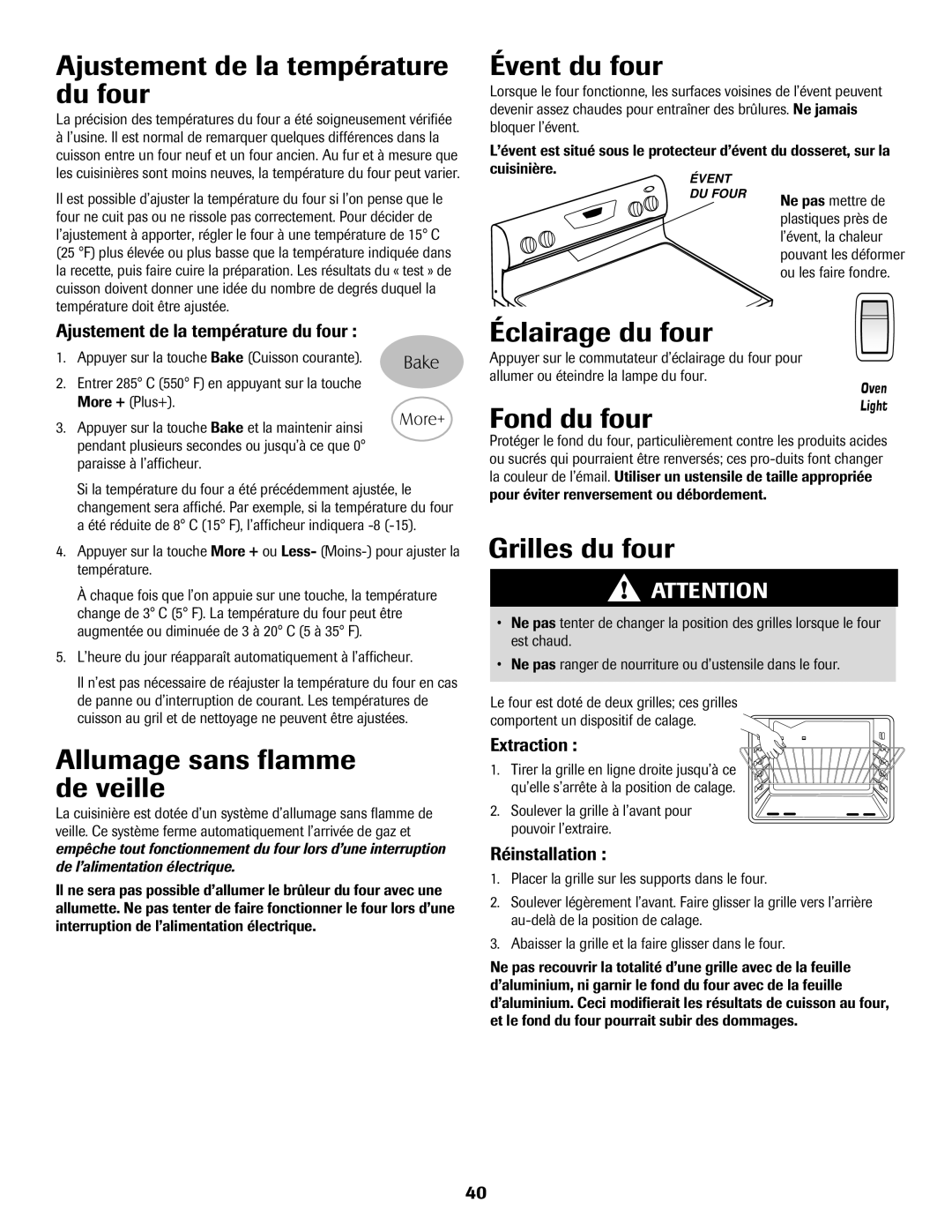 Maytag 8113P574-60 Ajustement de la température du four, Évent du four, Éclairage du four, Fond du four, Grilles du four 