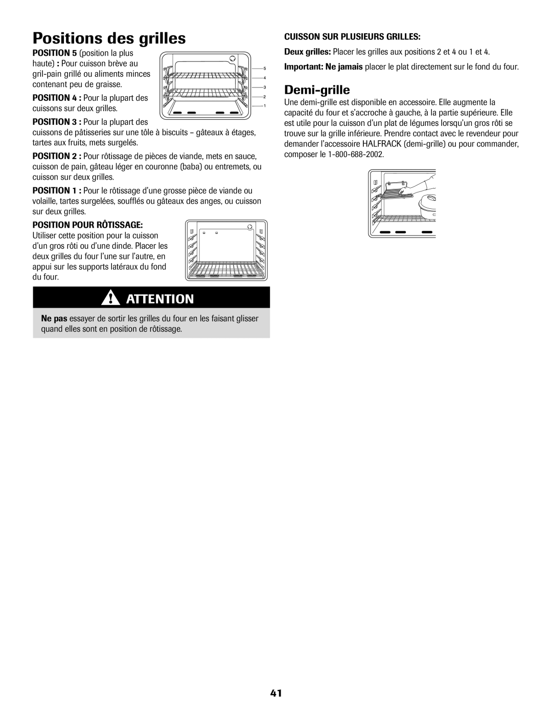 Maytag 8113P574-60 important safety instructions Positions des grilles, Demi-grille 