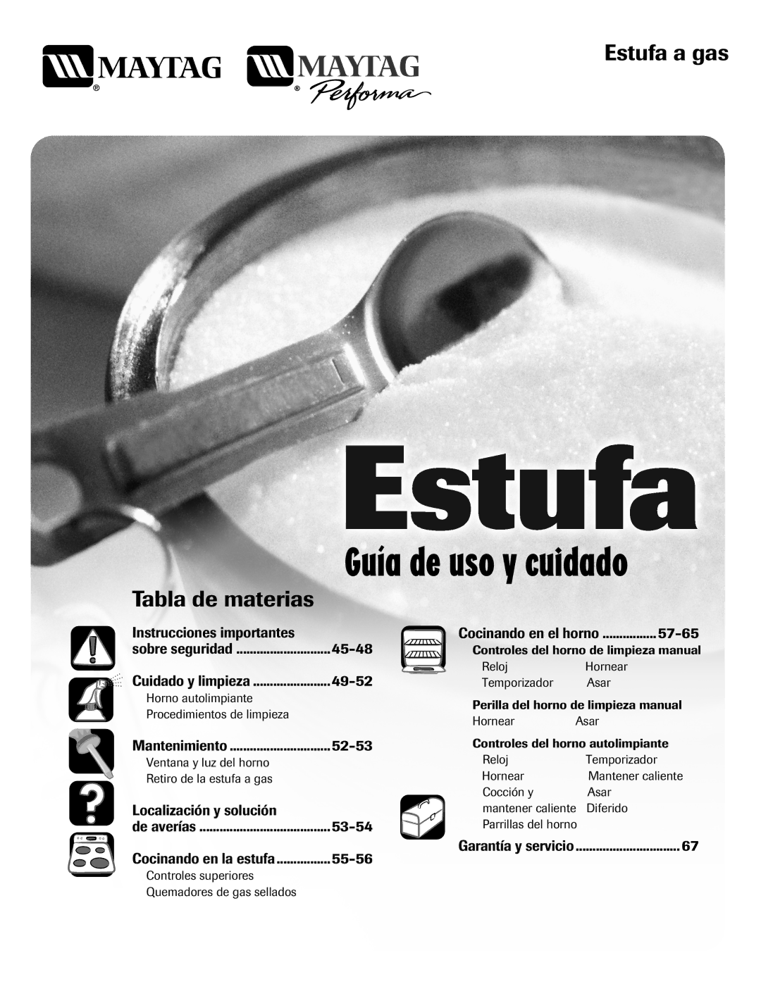 Maytag 8113P574-60 important safety instructions Estufa a gas, Tabla de materias 