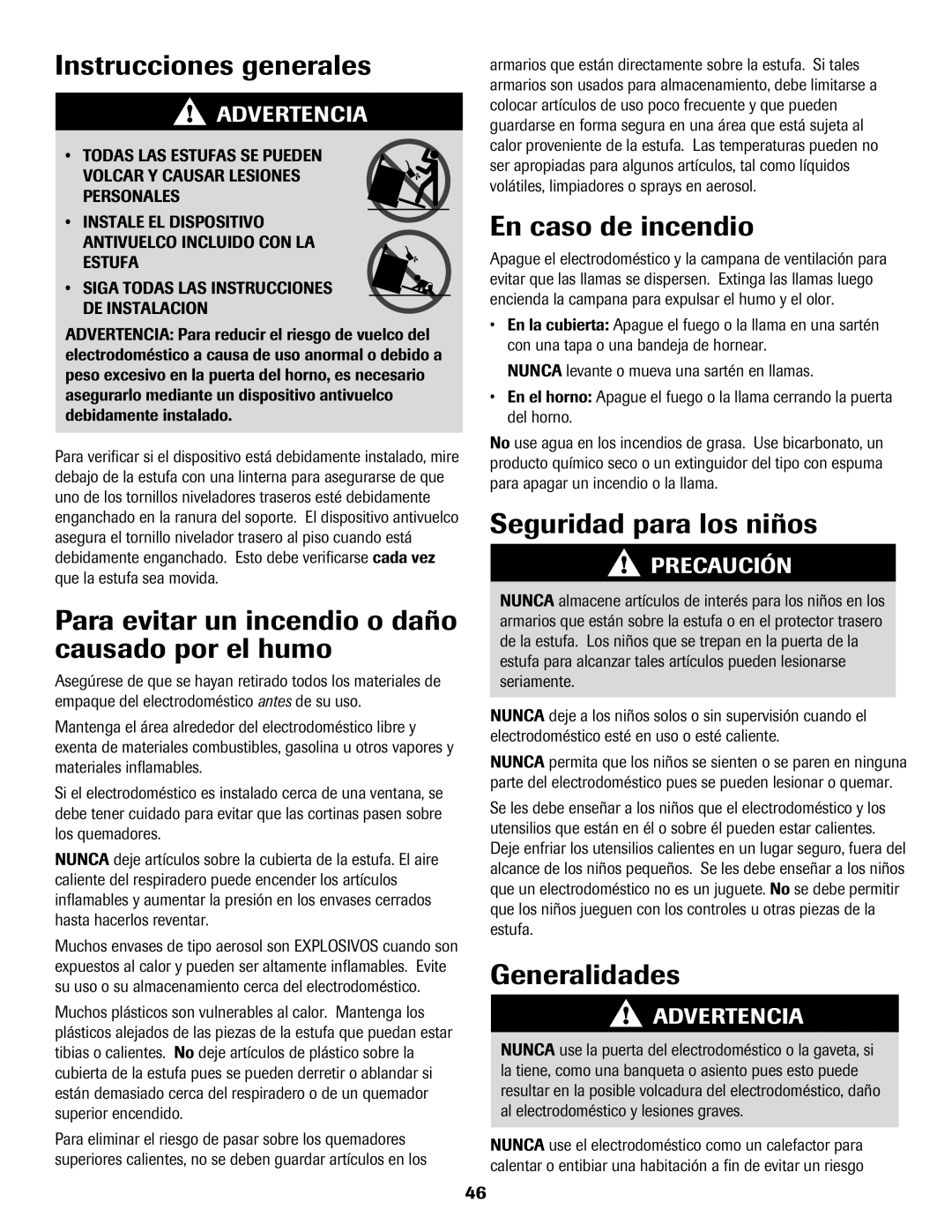 Maytag 8113P574-60 Instrucciones generales, Para evitar un incendio o daño causado por el humo, En caso de incendio 