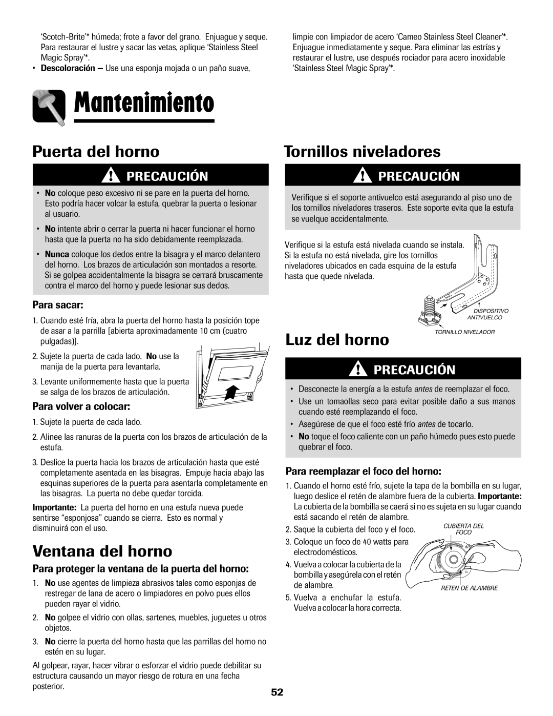 Maytag 8113P574-60 Mantenimiento, Puerta del horno, Tornillos niveladores, Luz del horno, Ventana del horno 