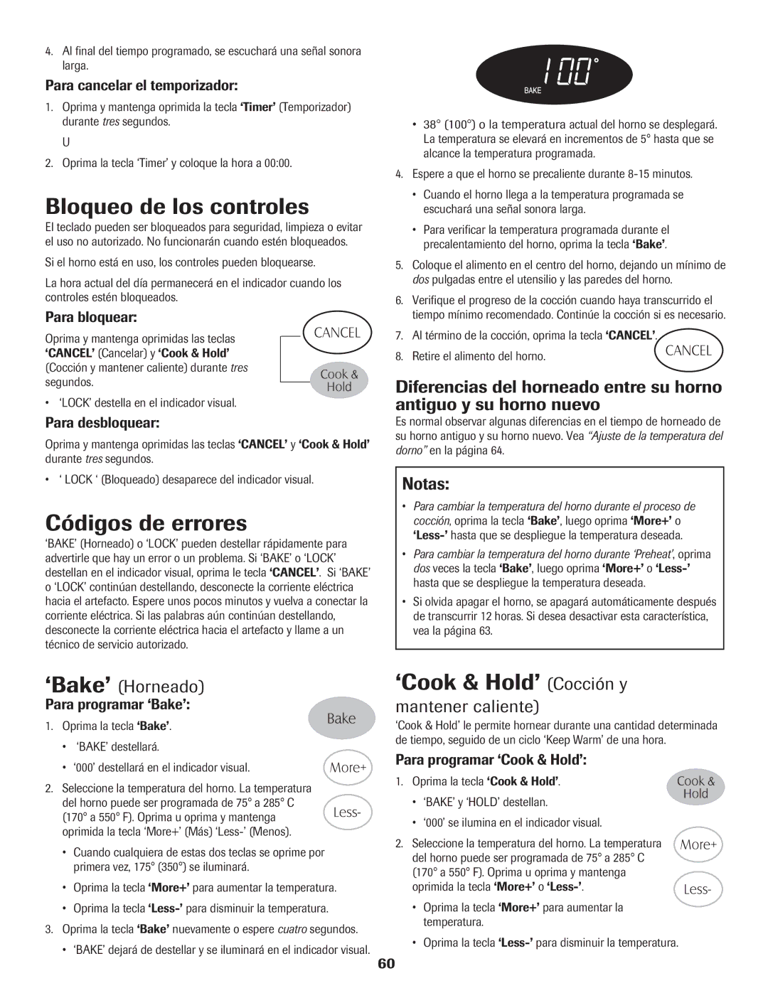 Maytag 8113P574-60 Bloqueo de los controles, Códigos de errores, ‘Cook & Hold’ Cocción y, ‘Bake’ Horneado 