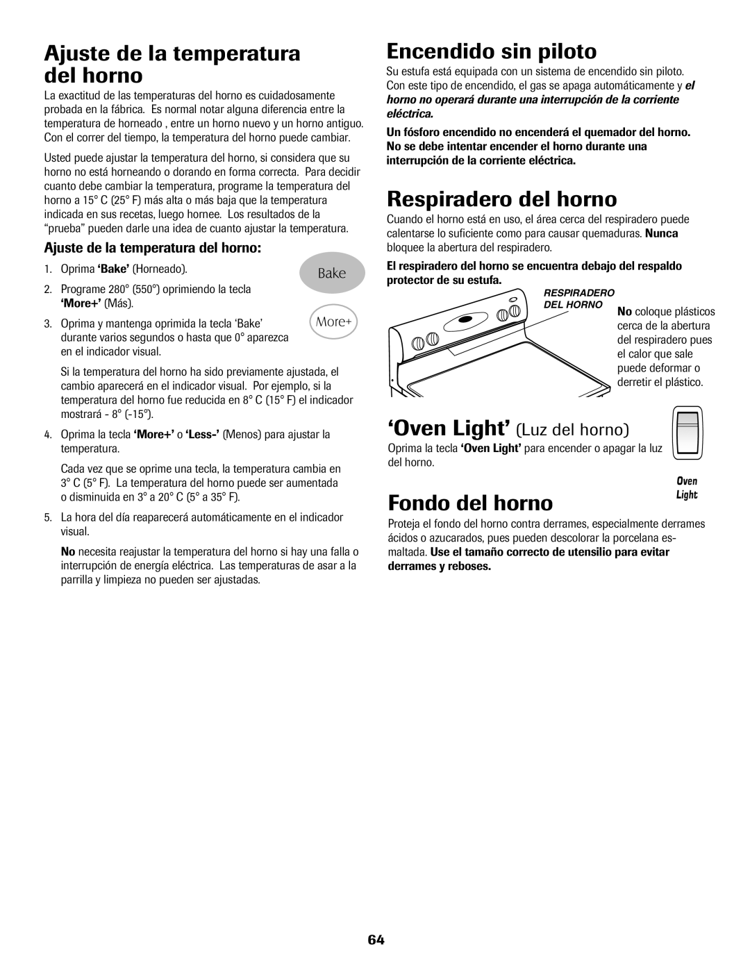 Maytag 8113P574-60 Ajuste de la temperatura del horno, Respiradero del horno, Fondo del horno, ‘Oven Light’ Luz del horno 