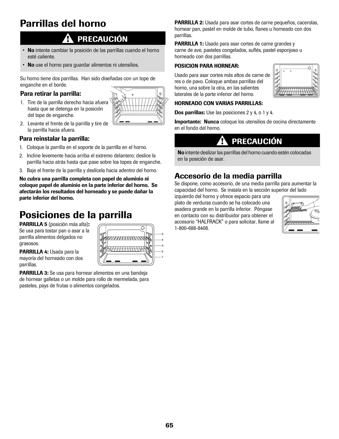 Maytag 8113P574-60 Parrillas del horno, Posiciones de la parrilla, Accesorio de la media parrilla 