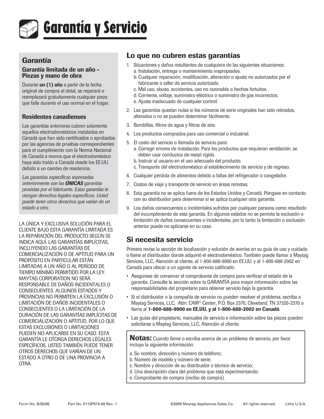 Maytag 8113P574-60 Garantía y Servicio, Lo que no cubren estas garantías, Si necesita servicio 